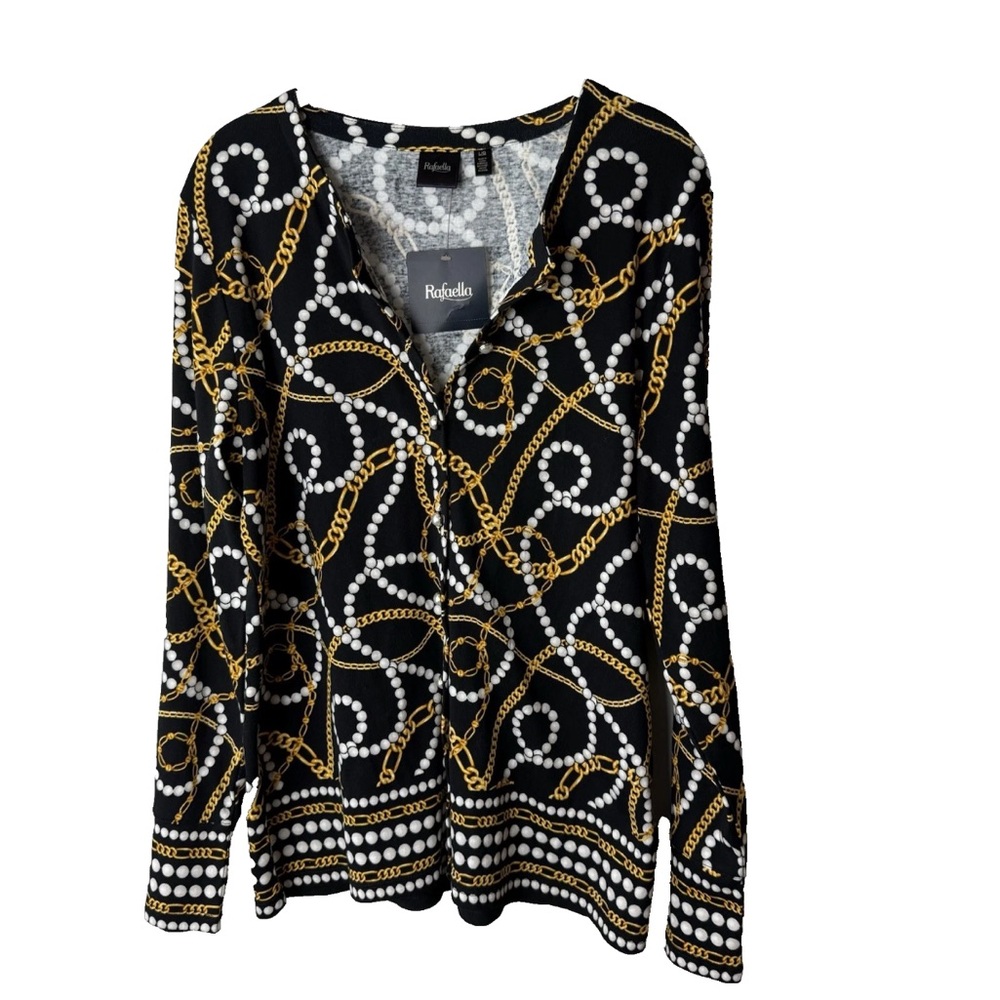 NEW Rafaella Knit Top Size Large Button Up Chains Peals Print Long Sleeves Black